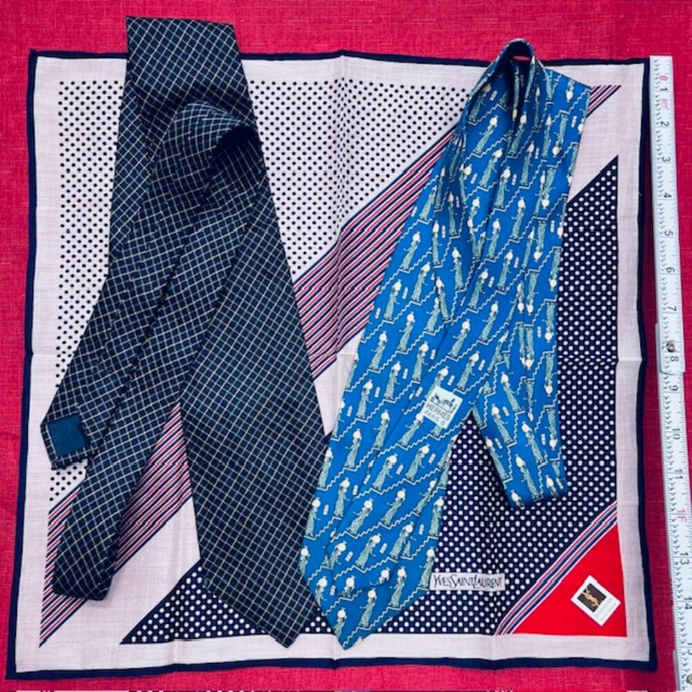 Set Necktie Silk : Hermes Paris & Les Mues Paris Blue + YSL Handkerchief 16"(48 - Picture 12 of 15